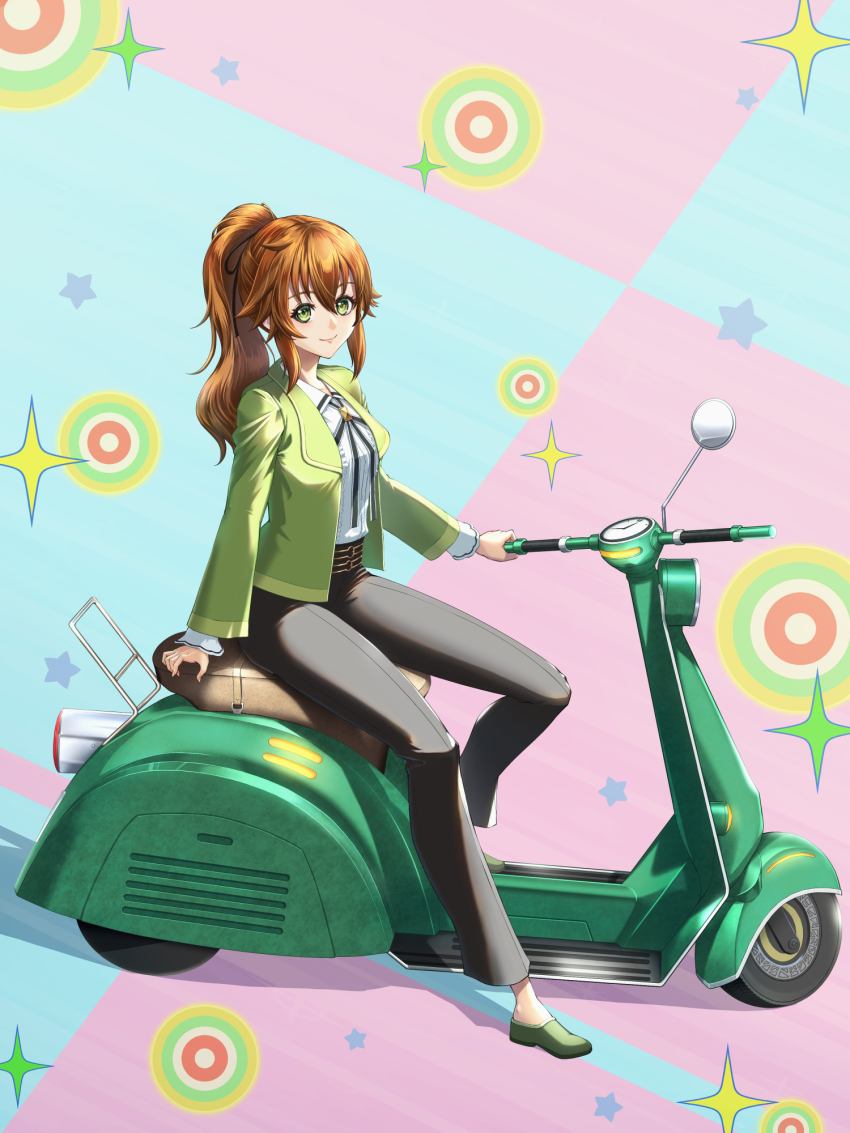 1girl bolo_tie brown_hair chiga_akira crossed_bangs double-parted_bangs eiyuu_densetsu green_eyes hair_between_eyes highres jacket kai_no_kiseki kuro_no_kiseki_(series) loafers long_hair looking_at_viewer motor_vehicle on_scooter ponytail scooter shoes sidelocks smile solo sparkle star_(symbol) towa_herschel vespa