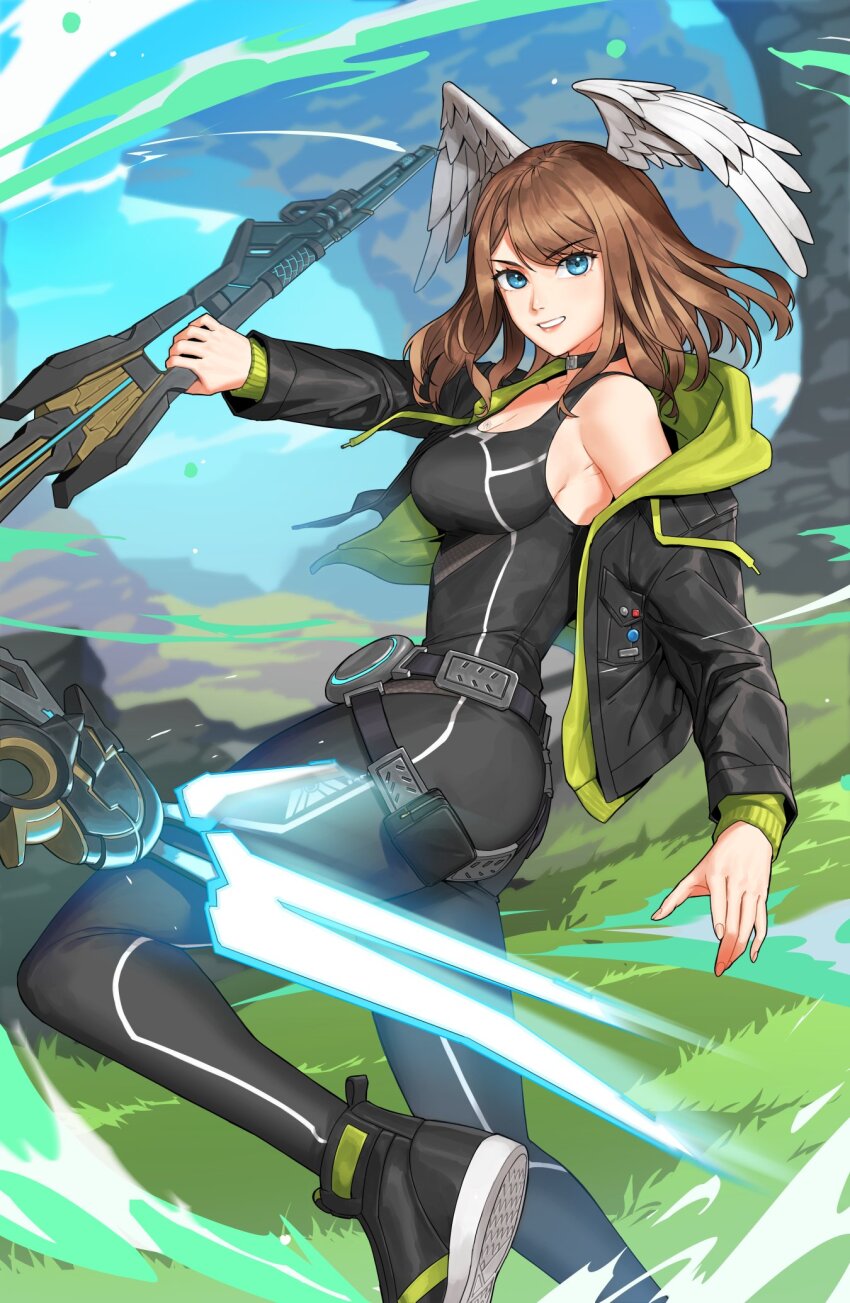 1girl black_shirt blue_eyes breasts brown_hair eunie_(xenoblade) grin highres holding holding_sword holding_weapon large_breasts looking_at_viewer medium_hair radiostarkiller shirt smile sword weapon xenoblade_chronicles_(series) xenoblade_chronicles_3