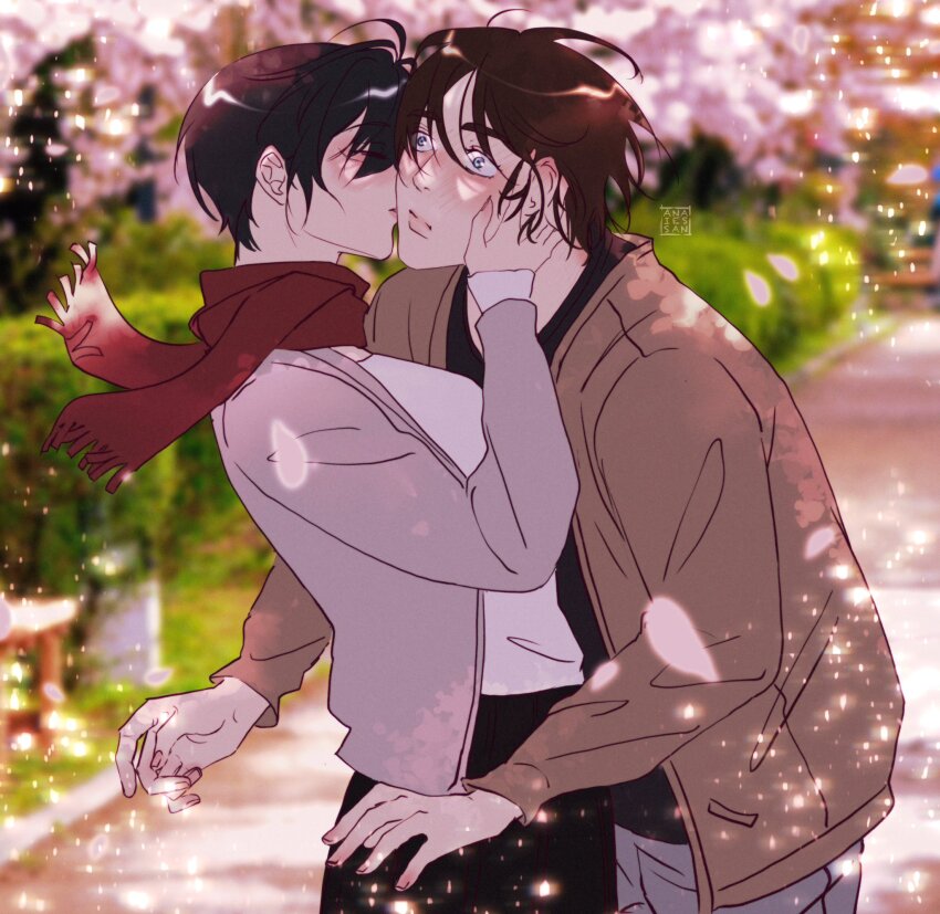 1boy 1girl anaiessan assertive_female black_hair black_shirt blurry blurry_background blush breasts brown_hair brown_jacket cardigan cherry_blossoms closed_eyes couple eren_yeager facial_scar falling_petals grey_pants hair_between_eyes hand_on_another&#039;s_cheek hand_on_another&#039;s_face hetero highres jacket kiss kissing_cheek long_sleeves medium_breasts mikasa_ackerman outdoors pants petals pink_cardigan pink_petals red_scarf scar scar_on_cheek scar_on_face scarf shingeki_no_kyojin shirt short_hair signature upper_body white_shirt wide-eyed