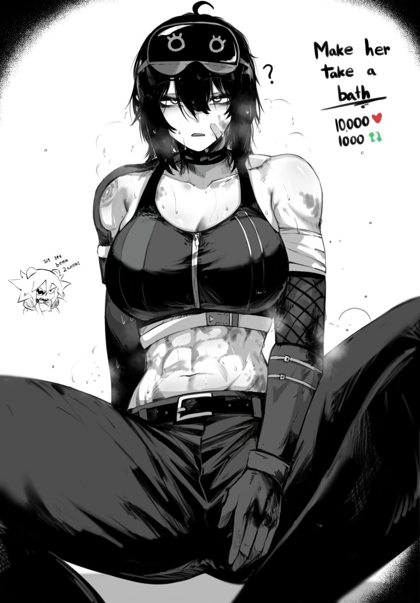 1girl absurdres black_hair breasts choker crop_top english_text gloves goggles goggles_on_head grace_howard greyscale highres looking_at_viewer masoq midriff mihoyo monochrome navel pants solo sports_bra vignetting zenless_zone_zero zipper_top