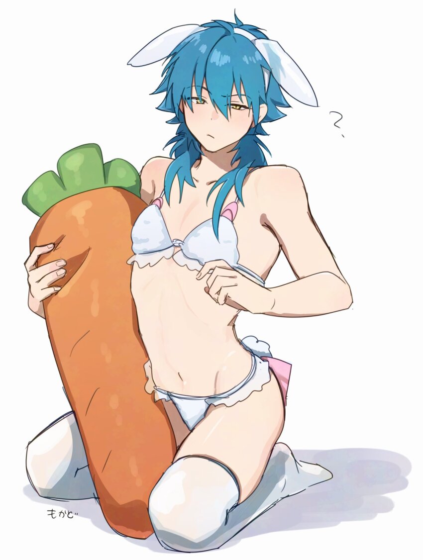 1boy :/ ? animal_ears blue_hair bra carrot commentary_request crossdressing dot_nose dramatical_murder fake_animal_ears frilled_underwear full_body hair_between_eyes highres holding long_hair looking_ahead male_focus mokado375 navel oversized_food oversized_object panties rabbit_ears seiza seragaki_aoba shadow sitting thighhighs thighs underwear white_background white_bra white_panties white_thighhighs yellow_eyes