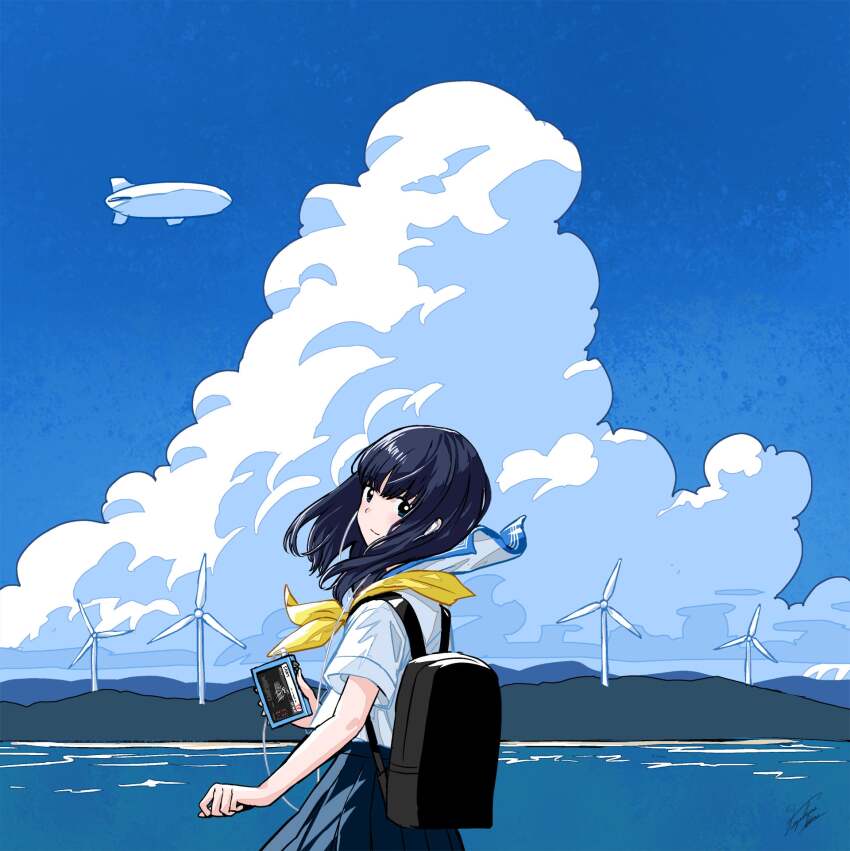 1girl aircraft backpack bag black_bag black_eyes black_hair blue_skirt cloud cumulonimbus_cloud day dirigible earphones highres horizon kazuharu_kina medium_hair neckerchief original pleated_skirt sailor_collar school_uniform serafuku shirt_tucked_in short_sleeves signature skirt sky solo walkman white_sailor_collar windmill yellow_neckerchief