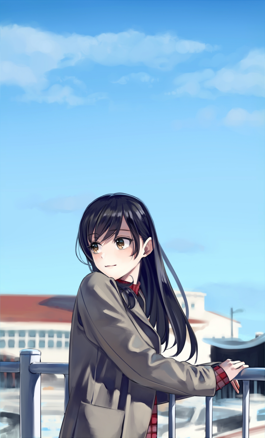 1girl black_hair brown_eyes day female_focus highres jacket long_hair original sky smile solo takeuchi_aya