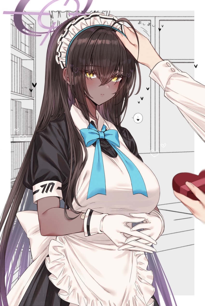 1girl absurdres ahoge apron back_bow black_dress black_hair blue_archive blue_bow blue_bowtie blush bow bowtie box breasts dark-skinned_female dark_skin dress gloves gradient_hair hair_between_eyes halo headpat heart-shaped_box highres interlocked_fingers karin_(blue_archive) large_breasts long_hair maid maid_apron maid_headdress multicolored_hair purple_hair purple_halo tetora_(oudonoishiize) very_long_hair white_gloves yellow_eyes