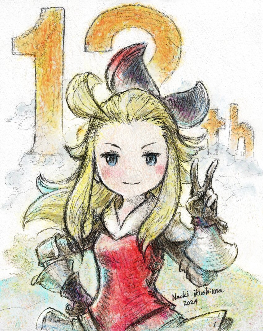 1girl absurdres ahoge anniversary armor black_gloves blonde_hair blue_eyes blush bow bravely_default:_flying_fairy bravely_default_(series) edea_lee gloves hair_bow hand_on_own_hip highres ikusy long_hair sidelocks solo v