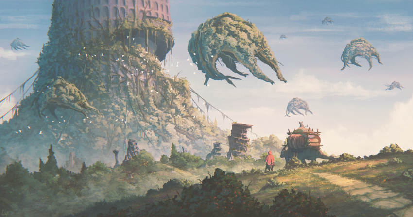 1other absurdres aptonoth bird blue_sky building bush cape cat day fantasy grass highres hood hooded_cape landscape monster monster_hunter_(series) nature path plant road rope ruins sky tentacles valky_uniguri vines yama_tsukami