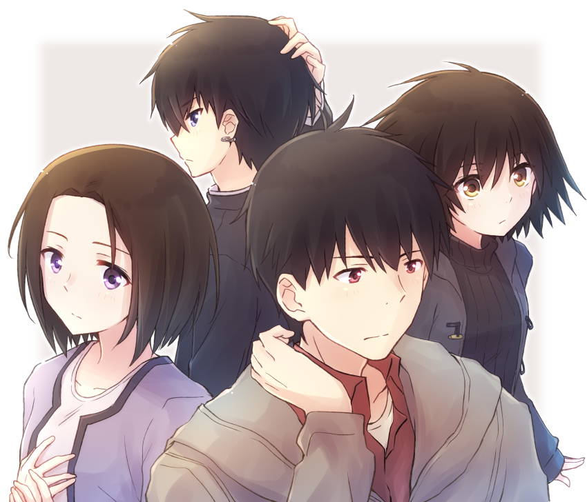 2boys 2girls absurdres black_hair blue_eyes brown_eyes gakuran hayakawa_rou highres jacket morinome_shinako multiple_boys multiple_girls nonaka_haru nyaa_(nnekoron) orange_eyes paperclip purple_eyes school_uniform short_hair simple_background turtleneck uozumi_rikuo yesterday_wo_utatte