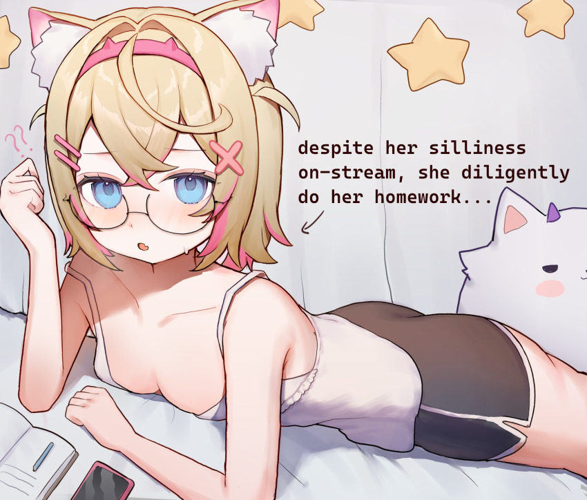 1girl ? ?? alternate_costume animal_ear_fluff animal_ears black-framed_eyewear black_shorts blonde_hair breasts cleavage dog_ears dog_girl english_text engrish_text fang glasses hair_ornament hairpin highres hololive hololive_english looking_at_viewer mococo_abyssgard multicolored_hair no_tail open_mouth perroccino_(fuwamoco) pink_hair ranguage shirt short_hair shorts skin_fang solo streaked_hair szuukie two_side_up virtual_youtuber white_shirt x_hair_ornament