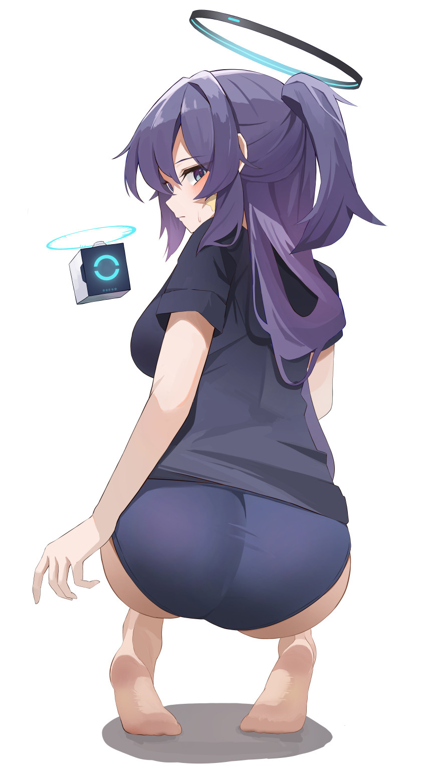 1girl absurdres aipa ass barefoot black_buruma black_shirt blue_archive blue_eyes blush breasts buruma closed_mouth drone feet from_behind halo highres large_breasts long_hair looking_at_viewer looking_back mechanical_halo official_alternate_costume official_alternate_hairstyle ponytail purple_hair shadow shirt short_sleeves simple_background soles solo squatting sweat sweatdrop white_background yuuka_(blue_archive) yuuka_(track)_(blue_archive)