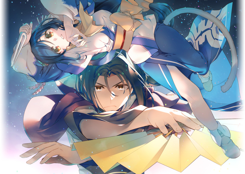 1boy 1girl ainu_clothes amazuyu_tatsuki animal_ears baggy_clothes black_hair blue_dress blue_skirt bow breasts brown_eyes brown_hair clothing_cutout dagger dress haku_(utawarerumono) hand_fan highres holding holding_dagger holding_fan holding_knife holding_weapon japanese_clothes knife kuon_(utawarerumono) long_hair looking_at_viewer low-tied_long_hair medium_breasts obi official_art open_mouth ponytail sash side_slit skirt tail utawarerumono utawarerumono:_itsuwari_no_kamen very_long_hair weapon yellow_bow yellow_eyes