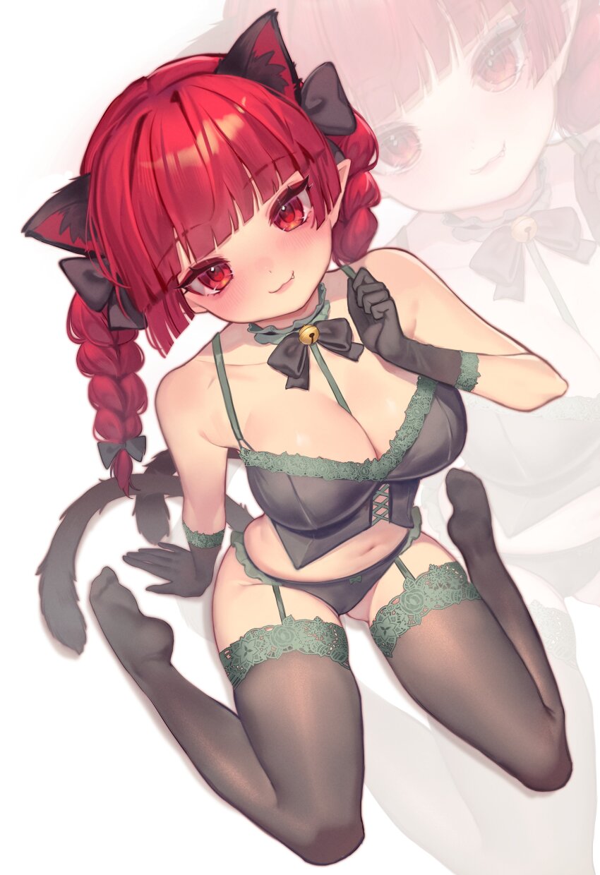 1girl absurdres animal_ears bell bow braid cat_ears cat_tail choker garter_straps gloves hair_bow highres jingle_bell kaenbyou_rin lingerie multiple_tails neck_ribbon open_mouth panties qiu_ju red_hair ribbon smile solo tail thighhighs touhou twin_braids two_tails underwear