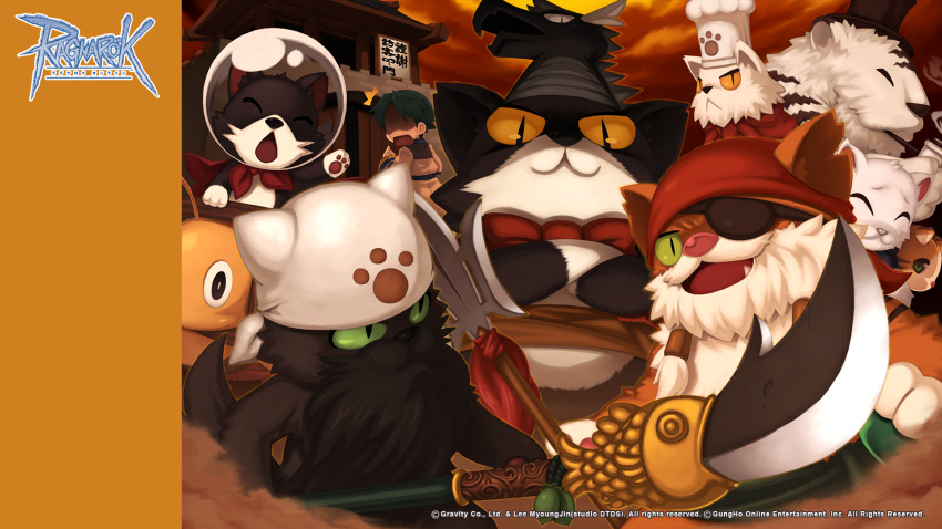 1girl 6+boys :&lt; :3 animal_ears bandana cat_boy cat_ears chef_hat chef_nyas closed_mouth cloud colored_sclera copyright_notice crossed_arms dragon_hat eyepatch furry furry_female furry_male green_hair green_sclera hat highres holding holding_polearm holding_weapon kuromi_(ragnarok_online) kuromo_(ragnarok_online) logo long_sleeves looking_at_viewer male_focus multiple_boys naginata official_art official_wallpaper open_mouth orange_sky outdoors paw_print pirate polearm ragnarok_online shaded_face shirt short_hair sky smile soul_linker_(ragnarok_online) spear surprised upper_body weapon white_hat white_shirt wild_rider wildrose yellow_sclera yuichirou |_|