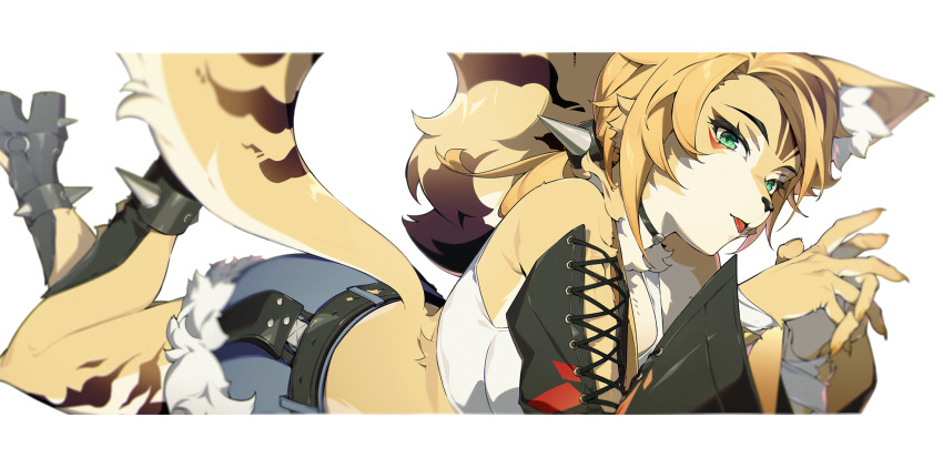 1girl animal_ears bare_shoulders blonde_hair breasts cat_ears cat_tail female_focus full_body furry furry_female green_eyes gun highres large_breasts long_hair looking_at_viewer lying mindscape_cinema_(zenless_zone_zero) official_art on_stomach pulchra_fellini short_shorts shorts solo tail tongue tongue_out transparent_background weapon zenless_zone_zero