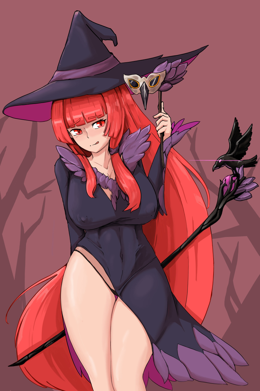 1girl absurdres bird black_dress breasts cleavage colorized crow dress hat highres large_breasts last_origin leprechaun_(last_origin) long_hair looking_at_viewer mask navel nipples panties red_eyes red_hair staff taphris thighs tongue tongue_out underwear witch witch_hat