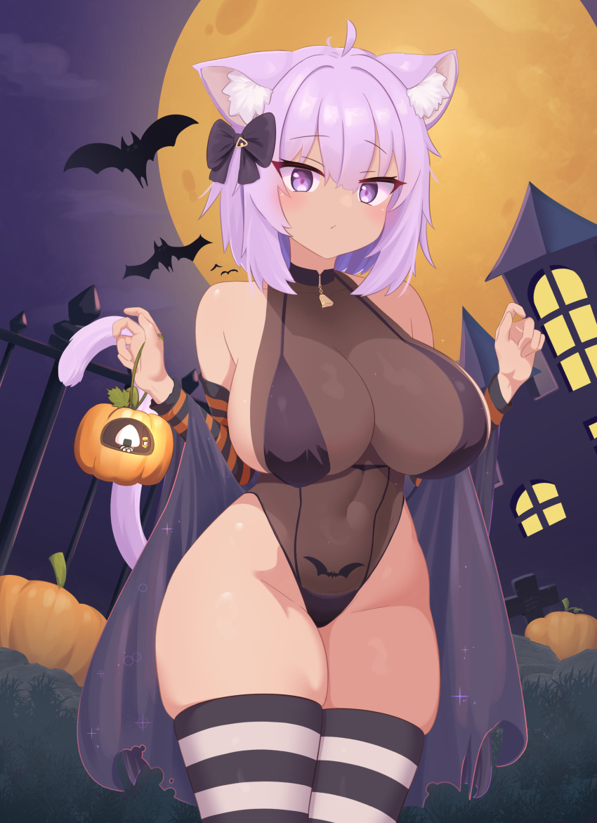 1girl absurdres animal_ear_fluff animal_ears bat_(animal) bat_tattoo bikini black_bikini black_leotard black_thighhighs breasts castle cat_ears cat_girl cat_tail cowboy_shot full_moon gabai halloween highres hololive horizontal-striped_thighhighs large_breasts leotard moon nekomata_okayu pubic_tattoo pumpkin purple_eyes purple_hair purple_tail see-through_clothes see-through_leotard solo swimsuit tail tattoo thighhighs two-tone_thighhighs variant_set virtual_youtuber white_thighhighs zombie_(vocaloid)