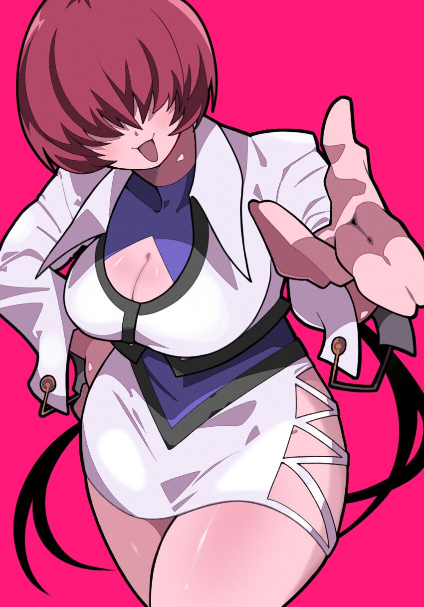 1girl breasts busty_female cleavage cleavage_cutout clothing_cutout curvy female_focus jacket large_breasts latex long_hair long_sleeves open_mouth pale_skin ponytail red_hair shermie_(kof) skirt smile smiley_face standing the_king_of_fighters thick_thighs thighs twintails wide_hips yaki_usagi