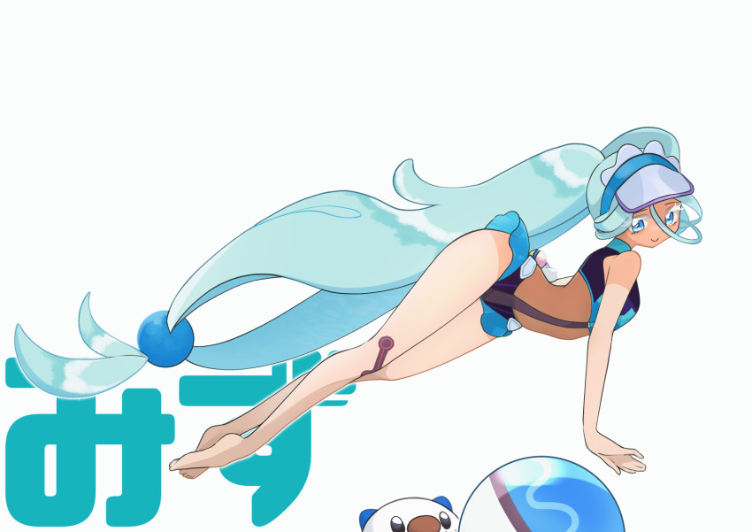 1girl ball beachball blue_eyes blue_hair colored_eyelashes creatures_(company) dive_ball game_freak gen_5_pokemon hatsune_miku highres long_hair mamommmuuu nintendo oshawott poke_ball pokemon pokemon_(creature) project_voltage tan tanline twintails very_long_hair visor_cap vocaloid water_miku_(project_voltage)