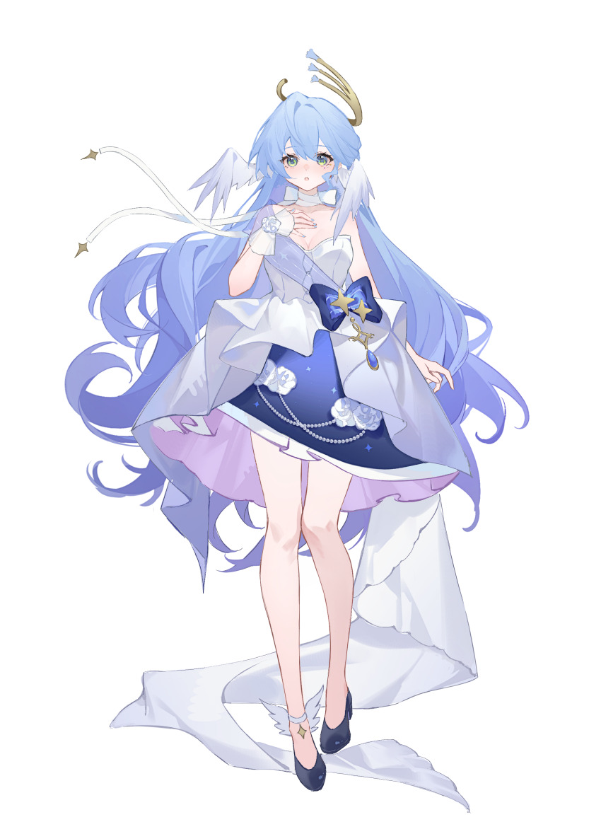 1girl :o absurdres adapted_costume black_footwear blue_bow blue_hair blue_nails blue_skirt bow breasts choker cleavage dress flower full_body green_eyes halo hand_on_own_chest head_wings high_heels highres honkai:_star_rail honkai_(series) light_blue_hair lin_zhi_mao long_hair looking_at_viewer open_mouth ribbon ribbon_choker robin_(honkai:_star_rail) simple_background skirt solo strapless strapless_dress very_long_hair white_background white_dress white_flower white_ribbon wings