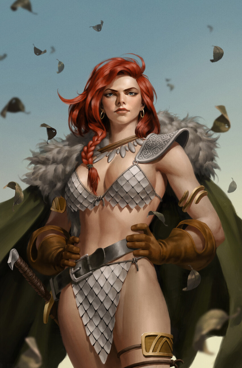 1girl armor belt bikini_armor black_belt blue_sky braid braided_ponytail brown_gloves cape day earrings falling_leaves fur-trimmed_cape fur_trim gloves green_cape grey_eyes hands_on_own_hips highres hoop_earrings jewelry leaf long_hair looking_at_viewer outdoors pauldrons red_hair red_sonja red_sonja_(comics) shoulder_armor single_pauldron sky solo standing sword weapon yoon_junggeun