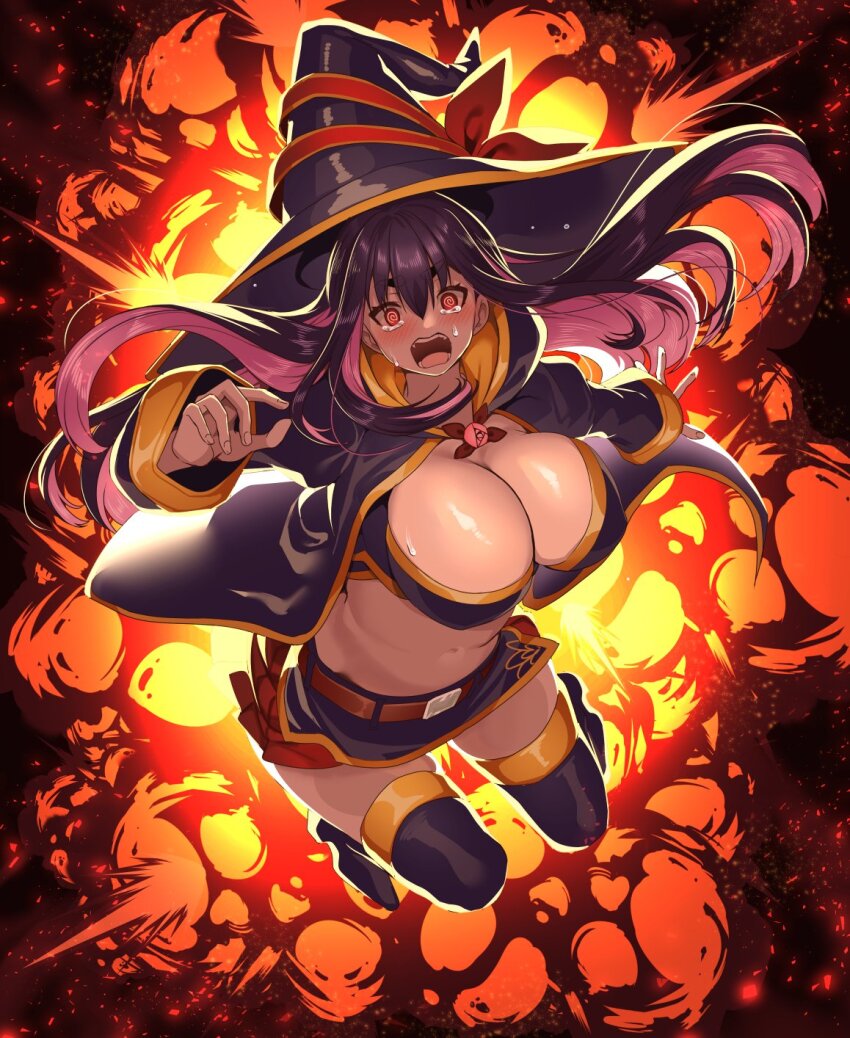 1girl @_@ black_hair black_hat black_skirt blush breasts cleavage colored_inner_hair explosion hat highres idola_avorn kouji_(kari) large_breasts long_hair long_sleeves midriff multicolored_hair navel pink_hair red_eyes sentai_red_ga_isekai_de_boukensha_ni_naru shiny_skin skirt solo tearing_up thick_eyebrows two-tone_hair witch witch_hat