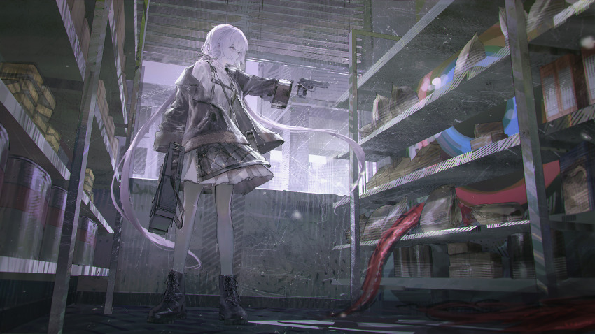 1girl absurdres black_coat black_footwear braid coat commentary from_below gun handgun highres long_hair low-tied_long_hair off_shoulder original aiming ribbed_sweater rsef shelf skirt solo standing sweater twin_braids very_long_hair weapon white_hair white_skirt white_sweater