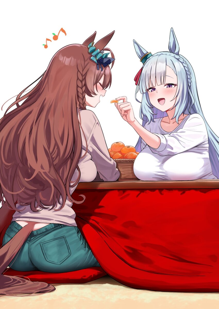 2girls alternate_costume animal_ears ass blue_hair blush braid breast_rest breasts brown_hair closed_eyes commentary_request crown_braid denim ear_ornament feeding food fruit grey_pants grey_shirt herohero_(higashi_no_dou) highres horse_ears horse_girl horse_tail jeans kotatsu long_hair mejiro_ardan_(umamusume) mihono_bourbon_(umamusume) multiple_girls musical_note open_mouth orange_(fruit) pants purple_eyes shirt simple_background single_braid table tail umamusume white_background white_shirt