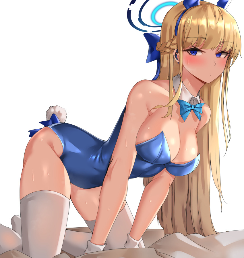 1girl all_fours animal_ears blonde_hair blue_archive blue_eyes blue_leotard bow bowtie braid breasts clyde_s detached_collar fake_animal_ears halo highres korean_commentary large_breasts leotard long_hair looking_at_viewer official_alternate_costume playboy_bunny rabbit_ears revision solo sweat thighhighs toki_(blue_archive) toki_(bunny)_(blue_archive) white_thighhighs wrist_cuffs