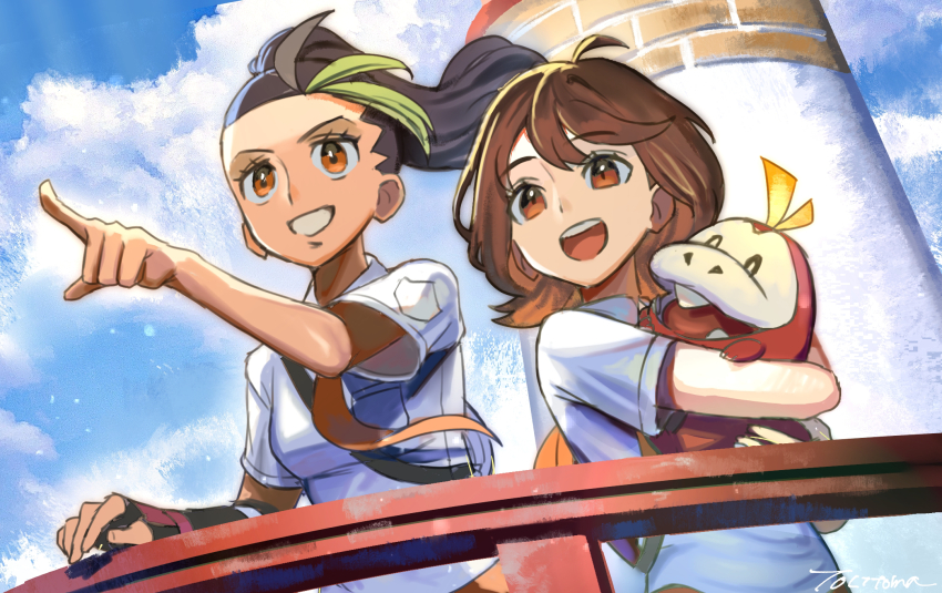 2girls :d =_(9_yawbus) ahoge anna_(pokemon) backpack bag black_hair blue_sky breast_pocket brown_eyes brown_hair cloud collared_shirt colored_skin creatures_(company) crocodilian dark-skinned_female dark_skin fangs fuecoco game_freak green_hair highres holding holding_pokemon multicolored_hair multiple_girls naranja_academy_school_uniform necktie nemona_(pokemon) nintendo nostrils open_mouth orange_bag orange_necktie orange_shorts outstretched_arm pocket pointing pokemon pokemon_(creature) pokemon_sv ponytail railing red_skin school_uniform shirt short_sleeves shorts single_bracer sky smile teeth two-tone_hair white_shirt white_skin