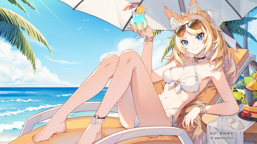 1girl animal_ear_fluff anklet arknights arm_support barefoot beach bendy_straw bikini blonde_hair blue_sky breasts cake cleavage cloud collarbone cup drinking_straw eyewear_on_head food fruit ge_zhong_kuaile highres holding holding_cup horizon jewelry lemon lime_(fruit) long_hair looking_at_viewer medium_breasts nail_polish ocean orange_(fruit) orange_slice palm_tree sky smile solo strawberry strawberry_slice sunglasses swimsuit table tree tropical_drink umbrella water whislash_(arknights) white_bikini