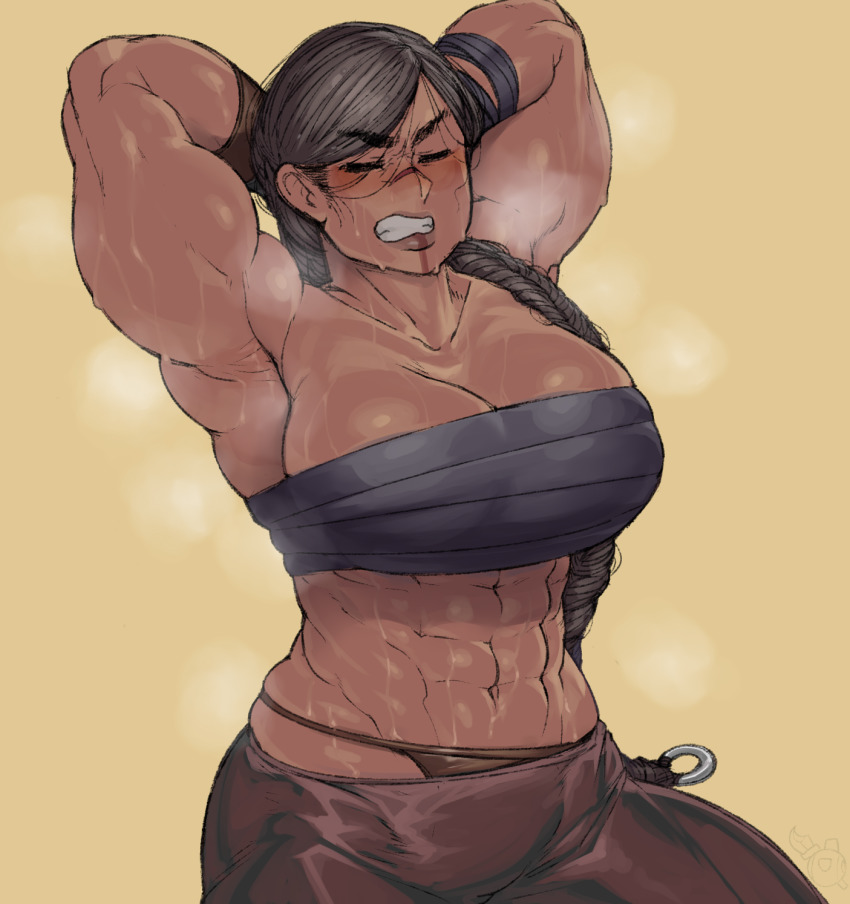 1girl abs armpits arms_behind_head arms_up bad_id bad_pixiv_id breasts cleavage collarbone commentary dark-skinned_female dark_skin english_commentary for_honor genderswap genderswap_(mtf) gloves hair_over_shoulder highleg highleg_panties highres krekkov large_breasts long_braid muscular muscular_female panties raider_(for_honor) sarashi scar scar_on_face scar_on_nose single_glove solo sweat thick_eyebrows topless_male underwear