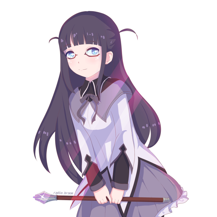 1girl absurdres akemi_homura akemi_homura_(cosplay) akemi_homura_(magical_girl) aqua_eyes black_hair cosplay flanged_mace highres holding holding_mace holding_weapon long_hair looking_at_viewer mace mahou_shoujo_madoka_magica radio.broom shoujo_kageki_revue_starlight tsuyuzaki_mahiru weapon