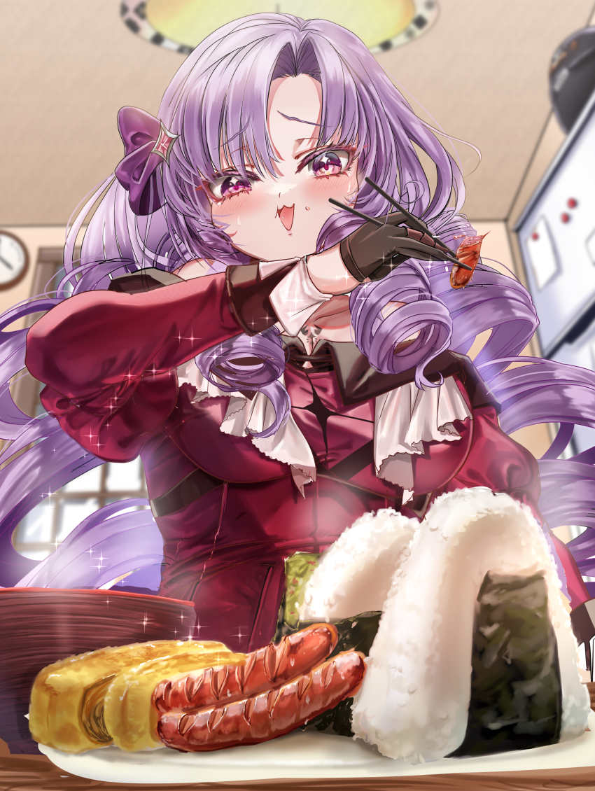 1girl absurdres black_gloves blush chest_tattoo chopsticks claw_ring collarbone commentary_request dress drill_hair food gloves highres holding holding_chopsticks hyakumantenbara_salome hyakumantenbara_salome_(1st_costume) indoors light_purple_hair long_hair looking_at_food nijisanji off-shoulder_dress off_shoulder omelet onigiri open_mouth parted_bangs purple_eyes red_dress red_sleeves sausage scorpion_tattoo solo sweat tamagoyaki tattoo virtual_youtuber yuttarou_029