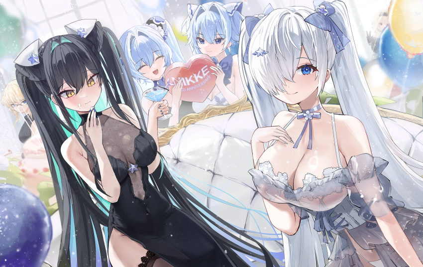 6+girls abe_(nikke) absurdres aqua_hair bare_shoulders black_dress black_hair blonde_hair blue_eyes blue_hair blurry blurry_background breasts cinderella_(glass_princess)_(nikke) cinderella_(nikke) cleavage closed_mouth commentary copyright_name couch covered_navel cup dress english_commentary food_in_mouth glasses goddess_of_victory:_nikke gretel_(nikke) gurami_(zangizarang) hansel_(nikke) heart heart-shaped_pillow highres holding holding_cup holding_pillow large_breasts little_mermaid_(nikke) long_hair multicolored_hair multiple_girls official_alternate_costume old_tales_(nikke) open_mouth panties pillow red_shoes_(nikke) see-through_cleavage see-through_clothes see-through_dress smile twintails two-tone_hair underwear very_long_hair white_dress white_hair white_panties yellow_eyes