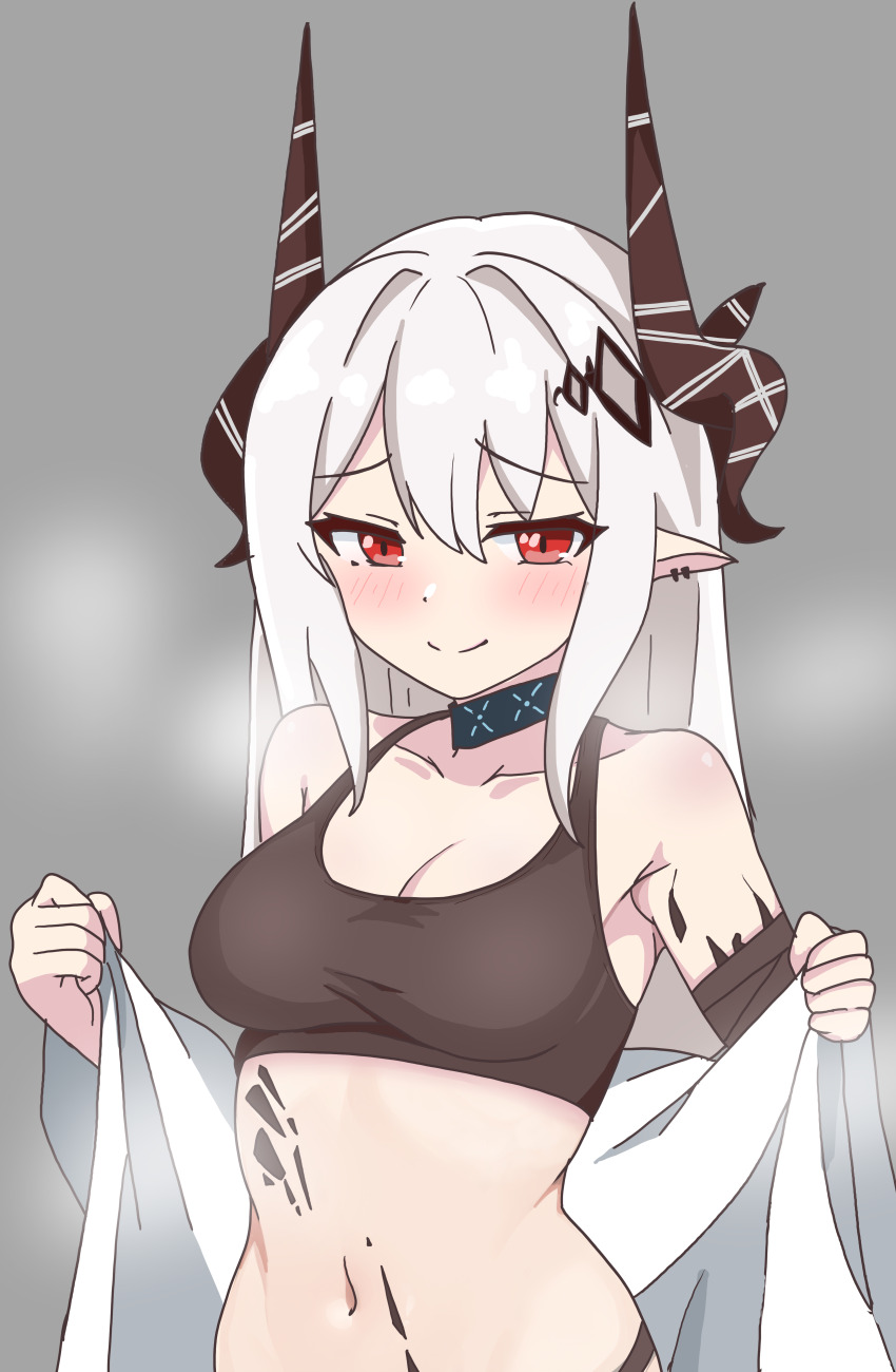 1girl absurdres anime_coloring arknights bandaged_arm bandages bare_shoulders blush breasts brown_horns brown_sports_bra cleavage closed_mouth collarbone crop_top ear_piercing eggplant7217 grey_background grey_hair highres horns infection_monitor_(arknights) long_hair looking_at_viewer material_growth medium_breasts midriff mudrock_(arknights) navel one-hour_drawing_challenge oripathy_lesion_(arknights) piercing pointy_ears red_eyes sketch sleeveless smile solo split_mouth sports_bra steaming_body undressing upper_body