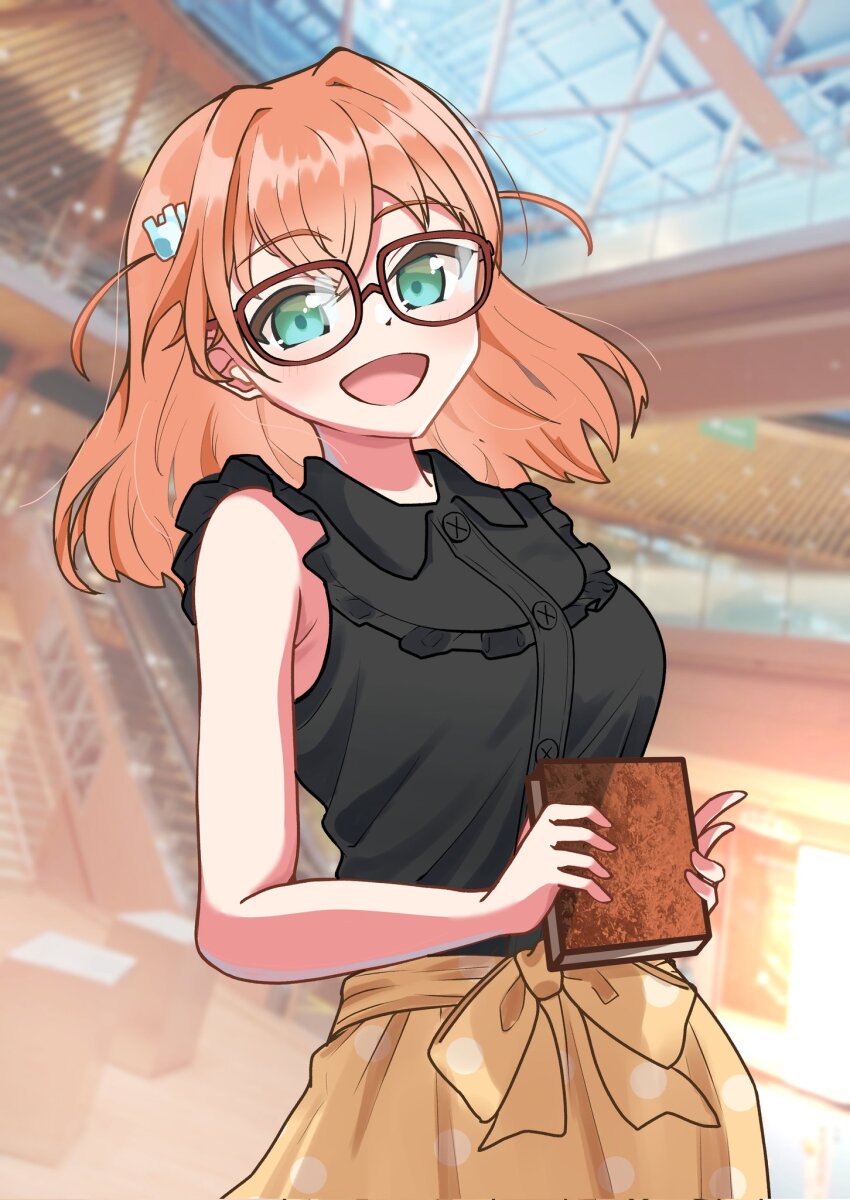 1girl :d armpit_crease black_shirt book breasts collared_shirt commentary_request corocoro567 cowboy_shot crossed_bangs flat_color frilled_shirt frills glasses green_eyes hair_ornament highres hinoshita_kaho holding holding_book ishikawa_prefectural_library link!_like!_love_live! looking_at_viewer love_live! medium_breasts medium_hair official_alternate_costume open_mouth orange_hair photo_background rabbit_hair_ornament red-framed_eyewear shirt skirt smile solo two_side_up variant_set virtual_youtuber yellow_skirt