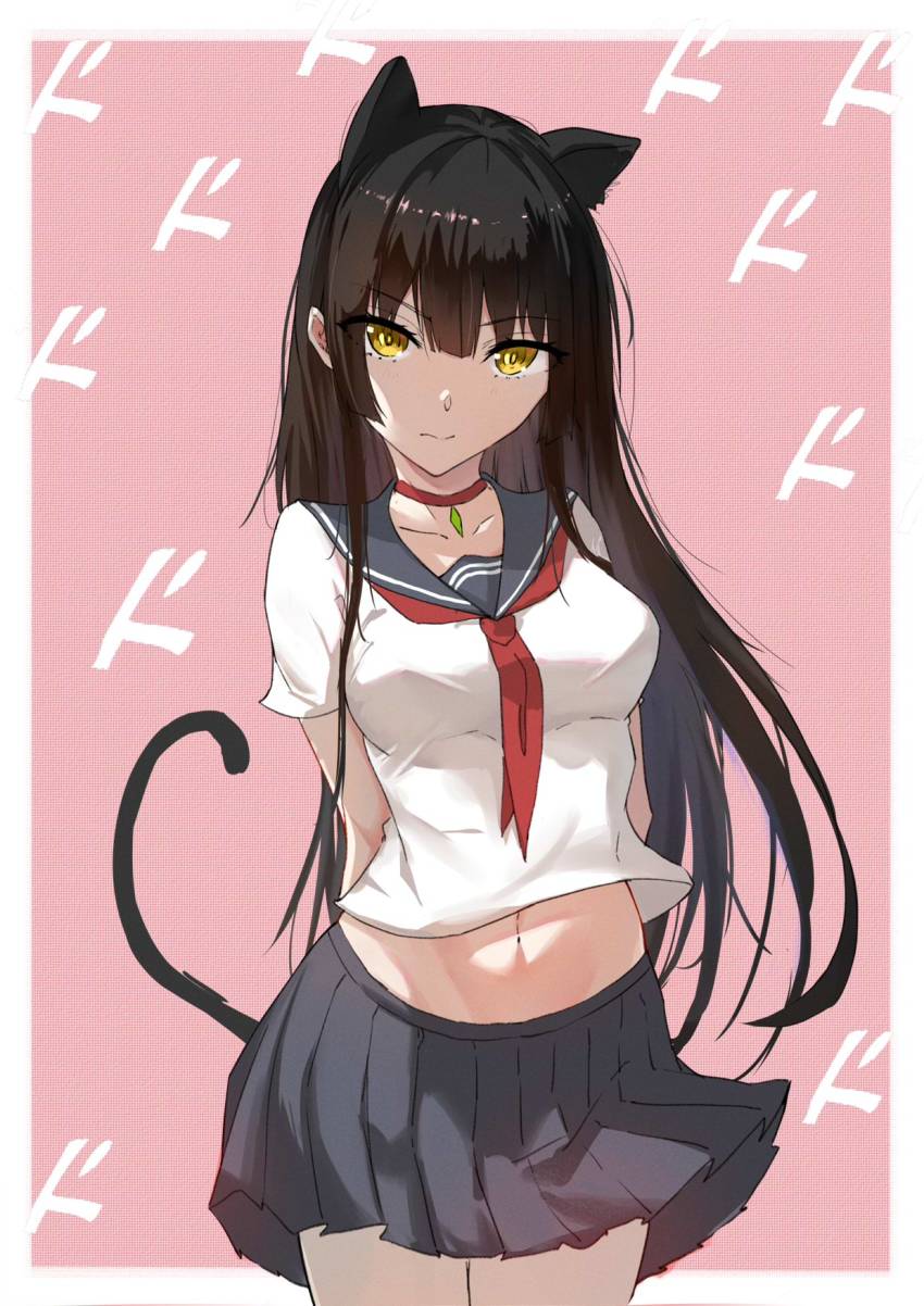 1girl animal_ears bad_id bad_pixiv_id black_hair blue_sailor_collar blue_skirt bsmycc cat_ears cat_girl cat_tail choker cowboy_shot eyes_visible_through_hair highres long_hair looking_at_viewer miniskirt navel neckerchief original pink_background pleated_skirt red_choker sailor_collar school_uniform serafuku short_sleeves skirt solo sound_effects tail tail_raised very_long_hair wind wind_lift yellow_eyes