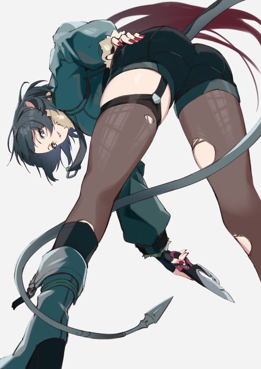 1girl animal_ears asymmetrical_legwear black_gloves black_hair black_shorts boots danboru_(jdanboru1182) fingerless_gloves from_behind from_below fur-trimmed_jacket fur_trim garter_straps gloves green_jacket grey_eyes grey_footwear highres holding holding_knife holding_weapon jacket jane_doe_(zenless_zone_zero) knife long_sleeves long_tail looking_at_viewer mouse_ears mouse_girl mouse_tail pantyhose red_hair red_nails sharp_tail shorts simple_background single_garter_strap single_leg_pantyhose single_thighhigh solo tail tail_around_own_leg thighhighs torn_clothes torn_pantyhose torn_thighhighs weapon wolf_cut zenless_zone_zero