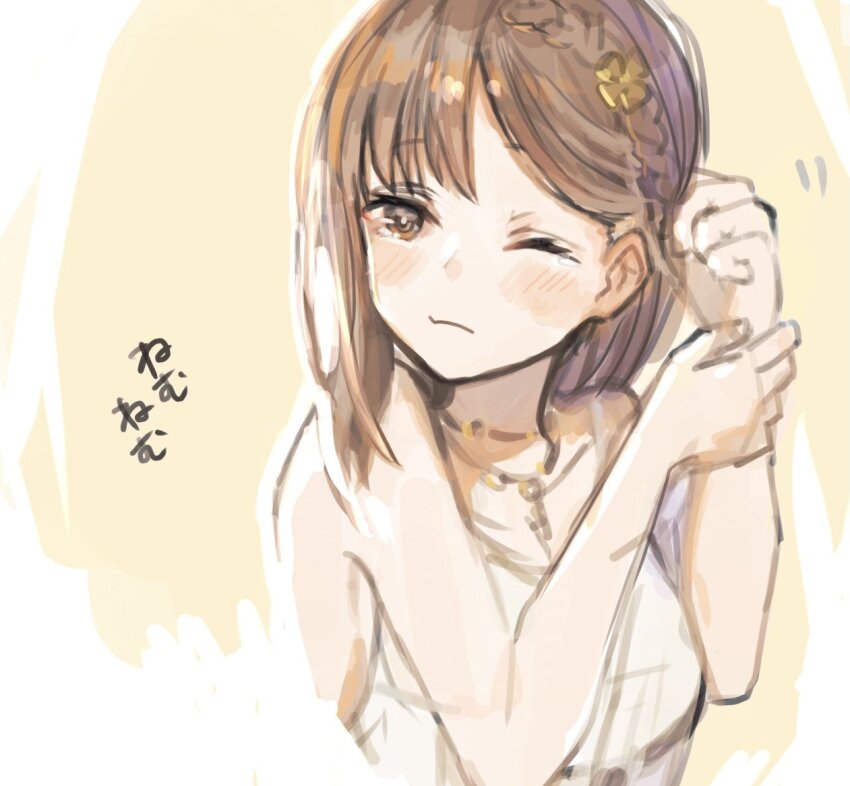 1girl adjusting_hair atelier_(series) atelier_ryza bare_shoulders braid braiding_hair brown_eyes brown_hair closed_mouth hair_ornament hairdressing hands_up le21day looking_at_viewer one_eye_closed reisalin_stout shirt short_hair sleepy solo translation_request upper_body white_shirt