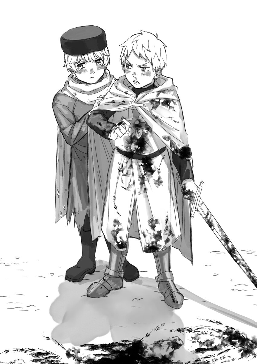 2boys absurdres armored_boots axis_powers_hetalia belt blood blood_on_clothes blood_on_ground blood_on_hands bloody_weapon blush boots cape child clenched_hand closed_mouth coat commentary_request donki_(dnkfuaka1) full_body greyscale hand_up hat highres holding holding_sword holding_weapon implied_murder long_sleeves looking_afar looking_at_another male_focus monochrome multiple_boys open_mouth pants prussia_(hetalia) russia_(hetalia) scarf shadow shirt short_hair simple_background snow standing sword tearing_up torn_clothes torn_coat torn_scarf v-shaped_eyebrows weapon