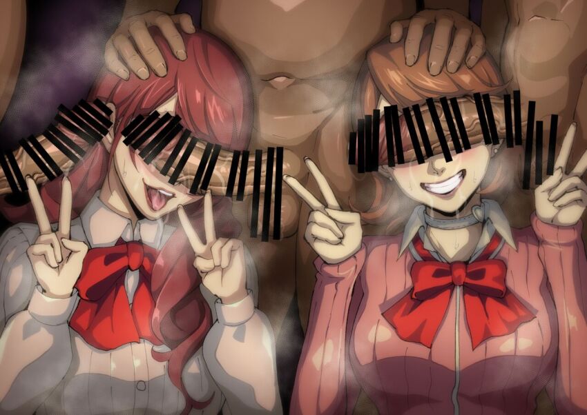 2girls 3boys censored double_v erection grin hand_on_another&#039;s_head iwao178 kirijou_mitsuru licking mosaic_censoring multiple_boys multiple_girls open_mouth penis penis_on_face persona persona_3 red_hair school_uniform smile source_request takeba_yukari v