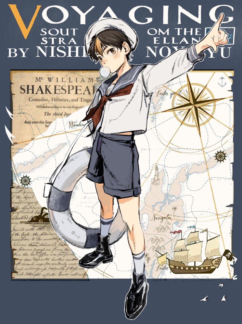 1boy ankle_socks bird black_footwear black_hair blonde_hair blue_background blue_sailor_collar blue_shorts boat boots character_request chewing_gum commentary compass_rose english_text full_body haikyuu!! hashtag-only_commentary hat highres holding holding_swim_ring innertube knees lifebuoy light_blush long_sleeves looking_at_viewer male_focus map midriff_peek multicolored_hair neckerchief outline pointing pointing_forward red_neckerchief sailboat sailor_collar sailor_hat sailor_shirt shirt short_hair shorts simple_bird socks solo standing streaked_hair swim_ring tuuuuuututu watercraft white_bird white_hair white_outline white_shirt white_socks yellow_eyes