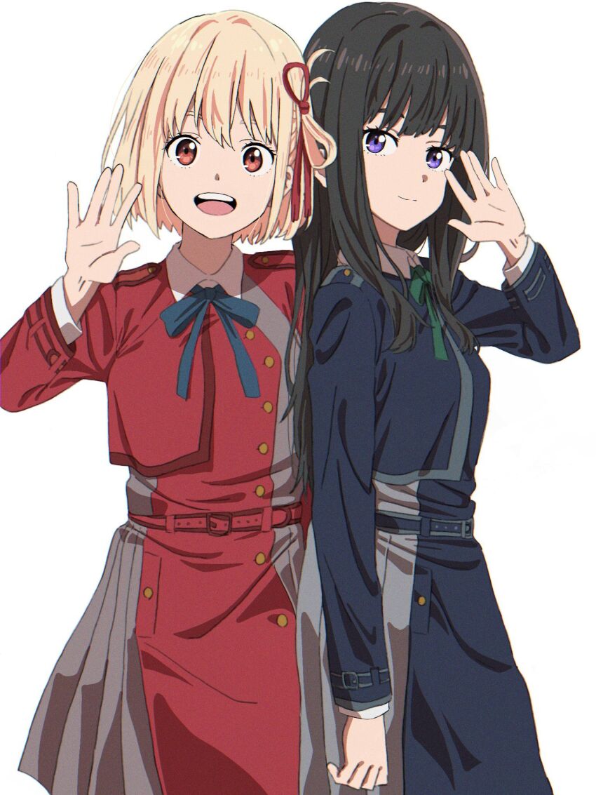 2girls belt belt_buckle black_hair blonde_hair blue_belt blue_bow blue_bowtie blue_dress blue_jacket bow bowtie buckle buttons closed_mouth collared_dress commentary_request cowboy_shot dot_nose dress eyelashes green_bow green_bowtie hair_ribbon hair_rings hand_up happy highres inoue_takina jacket korean_commentary layered_sleeves long_hair long_sleeves lycoris_recoil lycoris_uniform multiple_belts multiple_girls nishikigi_chisato open_mouth palms purple_eyes red_belt red_dress red_eyes red_jacket red_ribbon ribbon short_hair sidelocks simple_background single_hair_ring smile straight_hair studded_belt teeth to9_722 upper_teeth_only waving white_background wrist_belt