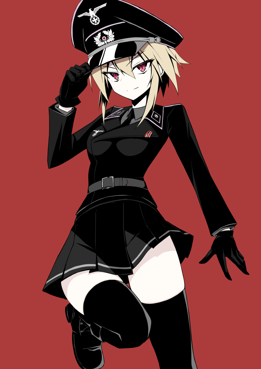 1girl absurdres blonde_hair breasts gloves hat highres jiseki_rena leg_up military_dress_uniform military_uniform nazi original peaked_cap red_background red_eyes reichsadler rena_(jiseki_rena) short_hair sidelocks simple_background small_breasts solo thighhighs thighs totenkopf zettai_ryouiki