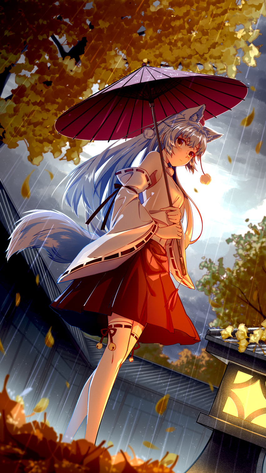 1girl absurdres alternate_hair_length alternate_hairstyle animal_ears bell breasts closed_mouth cloud cloudy_sky detached_sleeves dutch_angle fence from_below full_body hair_between_eyes hakama hakama_short_skirt hakama_skirt hat highres holding holding_umbrella huge_filesize inubashiri_momiji japanese_clothes jiege lamp light_smile long_hair looking_at_viewer medium_breasts oil-paper_umbrella orange_eyes outdoors over-kneehighs overcast pom_pom_(clothes) rain red_hat red_ribbon ribbon ribbon-trimmed_legwear ribbon-trimmed_sleeves ribbon_trim shirt skirt sky sleeveless sleeveless_shirt solo standing tail thighhighs tokin_hat touhou tree umbrella white_hair white_shirt white_thighhighs wolf_ears wolf_tail