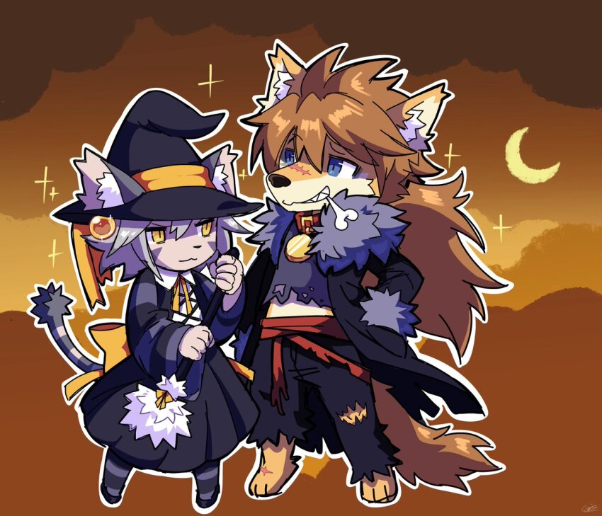 anaquariusart brown_background brown_hair crescent_moon elh_melizee full_body furry halloween_costume little_tail_bronx looking_to_the_side moon red_savarin smile solatorobo werewolf witch