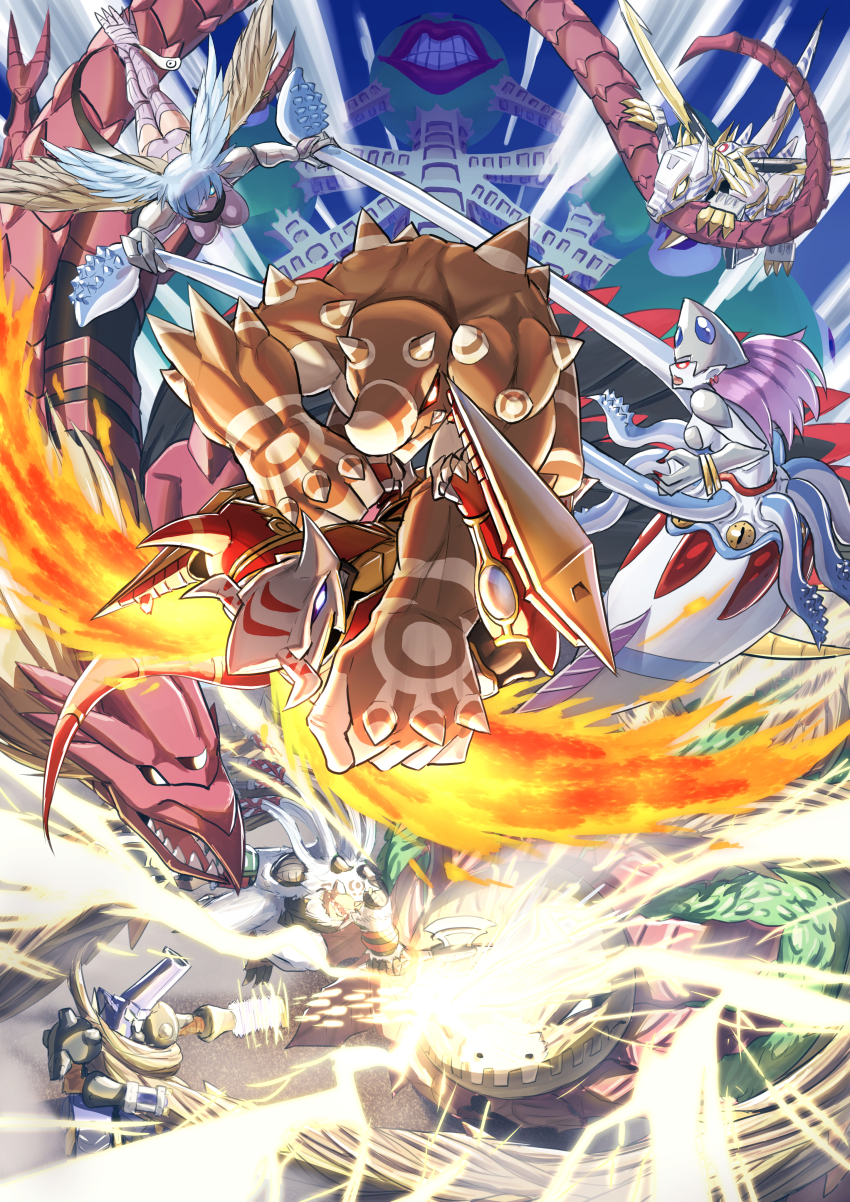 absurdres blizzarmon bolgmon bug calamaramon digimon flying garummon gigasmon gun highres horns kaiserleomon monster_girl non_porn petaldramon sephirothmon shutumon squid_girl tail velgrmon vritramon weapon wings