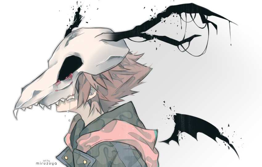 1boy animal_skull artist_name bat_wings brown_hair commentary covered_face crying english_commentary from_side highres hood hood_down hooded_jacket horns jacket kingdom_hearts kingdom_hearts_iii lapels male_focus miru_(miruzuya) multicolored_jacket short_hair simple_background skull solo sora_(kingdom_hearts) streaming_tears tears white_background wings