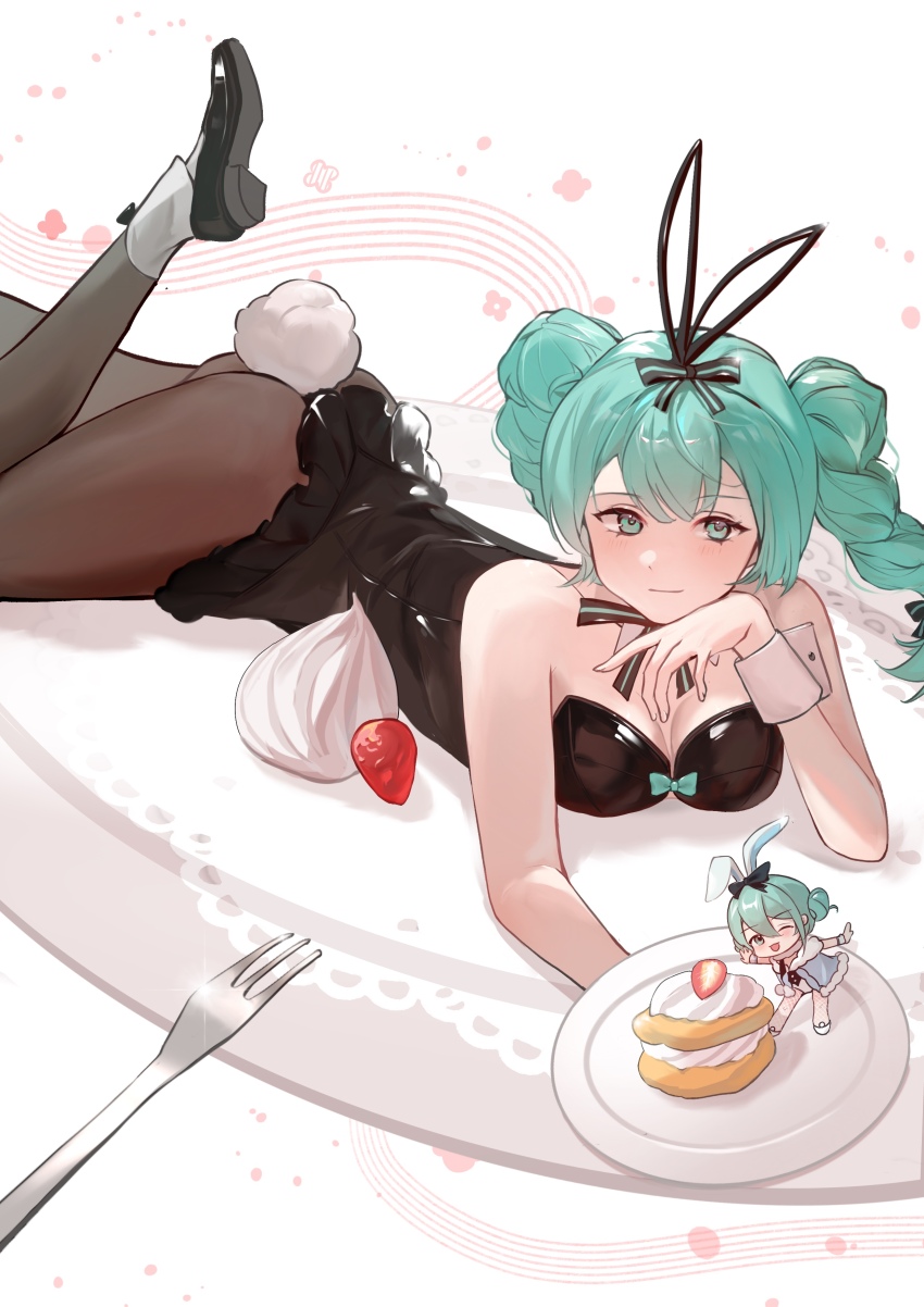 2girls absurdres animal_ears anklet aqua_bow aqua_eyes aqua_hair bare_legs bare_shoulders bicute_bunnies_miku bicute_bunnies_miku_(rurudo) bicute_bunnies_miku_(white_bunny) black_bow black_bowtie black_dress black_footwear blue_coat bow bow_button bow_legwear bowtie braid breasts brown_pantyhose chibi closed_mouth coat cream_puff dot_nose dress dual_persona eyelashes fake_animal_ears fake_tail flower food foot_out_of_frame fork frilled_dress frills fruit fur-trimmed_coat fur_trim gleam gushi_(pixiv_110264723) hair_bow hair_bun hand_on_own_chin hatsune_miku highres holding holding_plate jewelry leotard light_blush long_hair looking_at_viewer lying mary_janes medium_breasts mini_person minigirl multiple_girls multiple_hair_bows on_plate on_stomach open_clothes open_coat open_mouth pantyhose plate playboy_bunny pom_pom_(clothes) rabbit_ears rabbit_tail shoes short_dress short_hair single_side_bun single_stripe size_difference smile solo_focus strapless strapless_dress strawberry strawberry_slice striped_bow striped_bowtie striped_clothes tail twin_braids twintails vocaloid white_background white_footwear white_wrist_cuffs wrist_cuffs