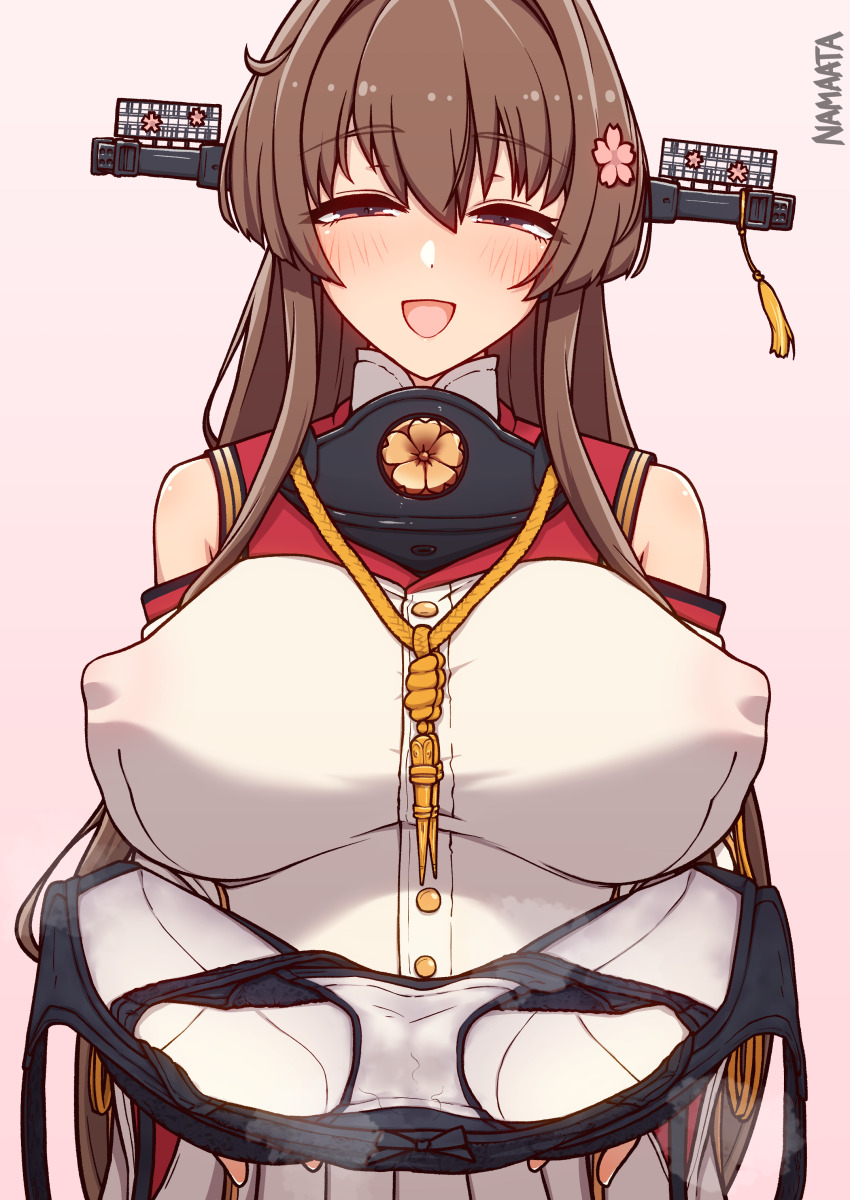 1girl absurdres black_bra blush bra breasts brown_eyes brown_hair closed_eyes commission covered_erect_nipples detached_sleeves flower hair_flower hair_ornament half-closed_eyes headgear highres holding holding_bra holding_underwear holding_unworn_clothes huge_breasts kantai_collection long_hair looking_at_viewer namaata open_mouth pink_background pink_flower presenting_bra sidelocks signature simple_background skeb_commission solo steam tassel underwear unworn_bra very_long_hair yamato_(kancolle)