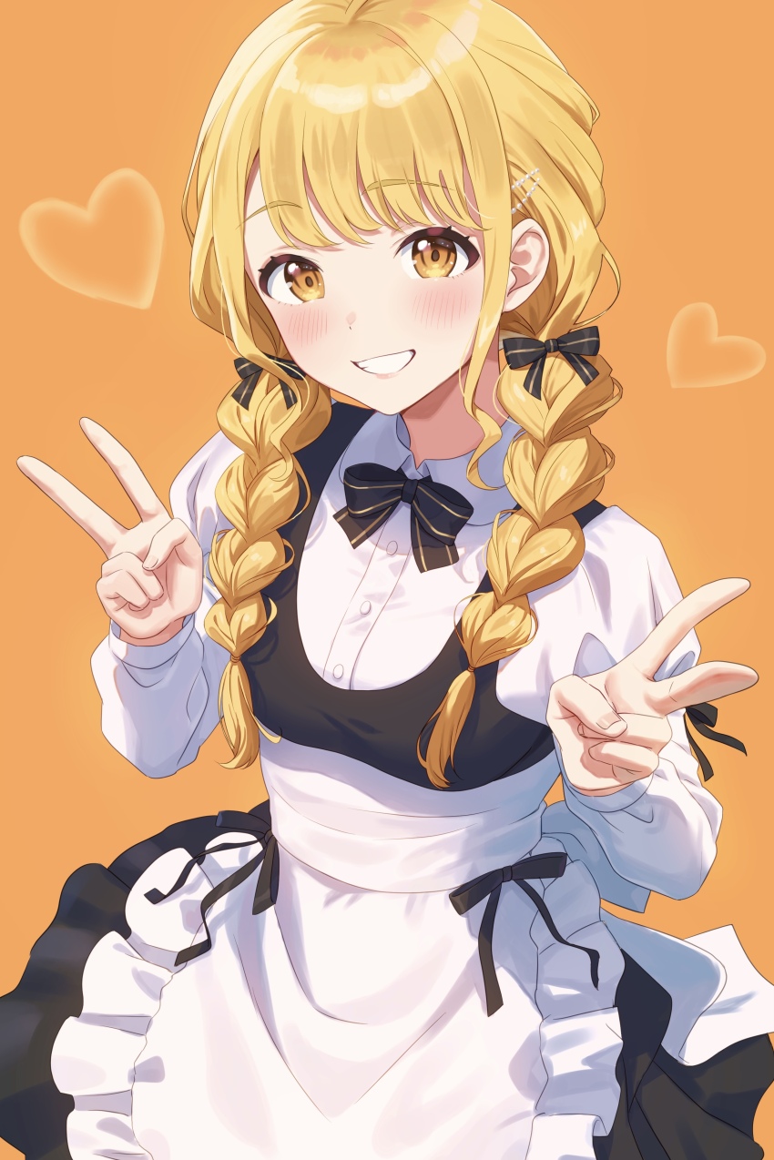 1girl absurdres alternate_costume apron black_ribbon blunt_bangs blush braid breasts clenched_teeth double_v emu_(emum) enmaided fujita_kotone gakuen_idolmaster hair_between_eyes hair_ornament hair_ribbon heart highres idolmaster looking_at_viewer maid medium_hair orange_background ribbon simple_background smile teeth twin_braids v white_apron yellow_eyes